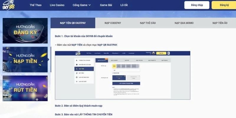Nạp/rút tiền Sky88 an toàn với nhiều phương thức linh hoạt