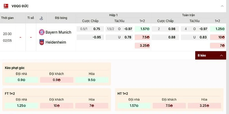 Bảng kèo Bayern Munich vs Heidenheim rõ cửa trên