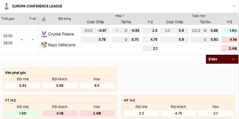 Soi Kèo Crystal Palace Vs Rayo Vallecano 02h00 Ngày 28/05 CK Conference League 2 Bảng tỷ lệ trận ck Crystal Palace vs Rayo Vallecano