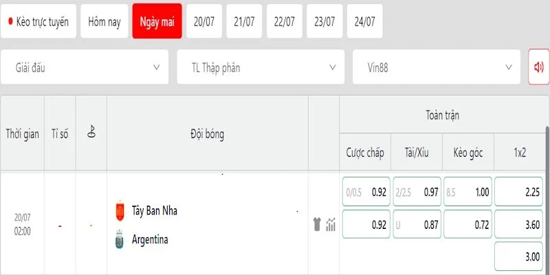 Đọc tỷ lệ kèo trong trận Tây Ban Nha vs Argentina